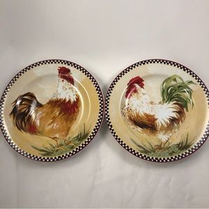 Two Beautiful Rooster Designed Stoneware Decorated Plates
